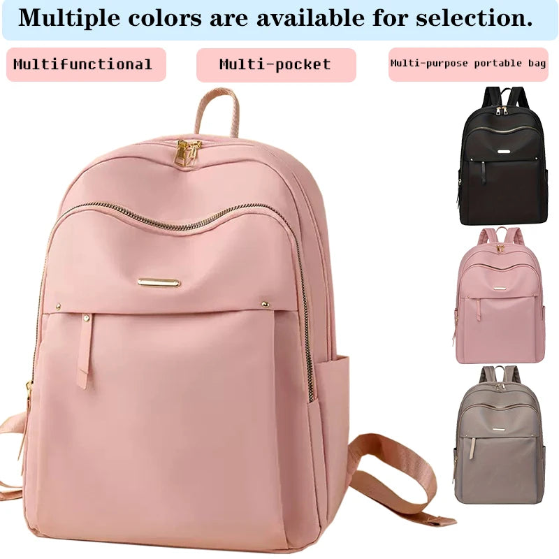 Chic Waterproof Nylon Backpack for Women - Lightweight Multi-Pocket Travel Daypack with Elegant Gold Zipper