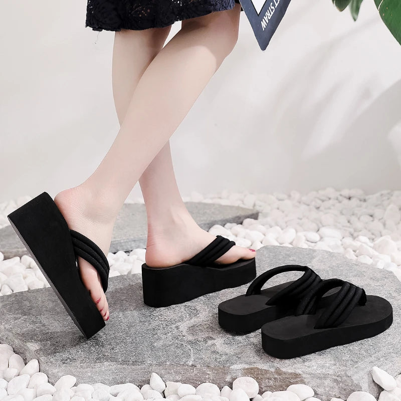 Stylish Women's Black Wedge Flip Flops - Comfortable Summer Platform Sandals for Indoor and Beach Wear