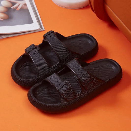 Elevate Your Summer Style with Thick Platform Cloud Slippers - Fashionable Buckle Soft Sole Pillow Slides for Men