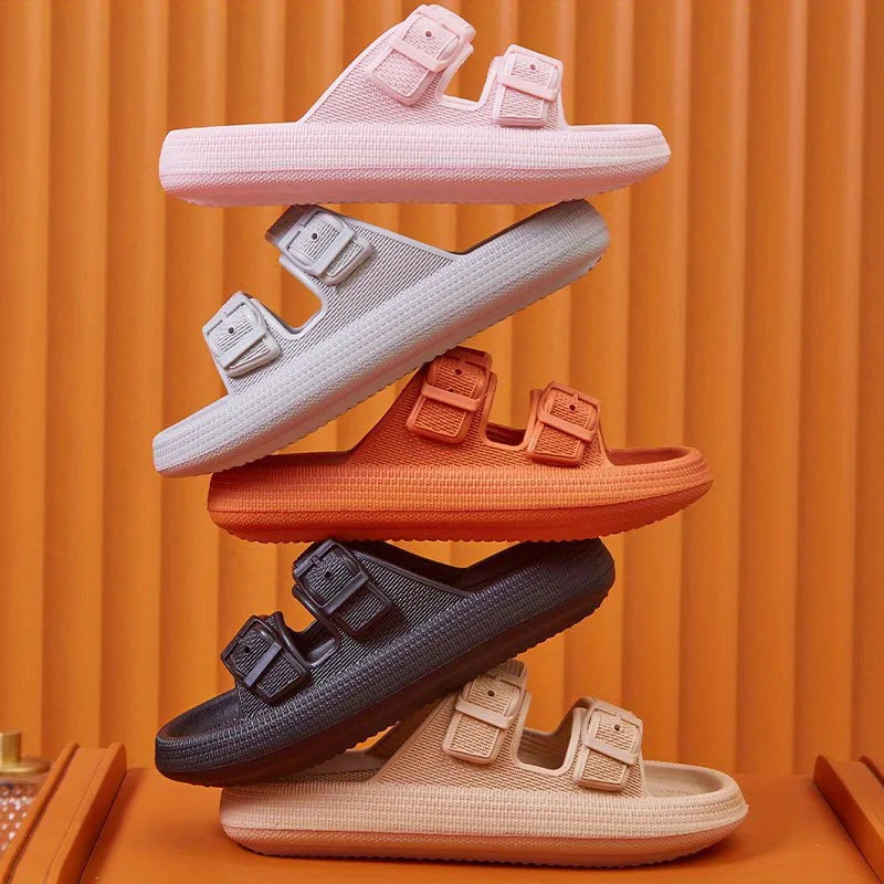Elevate Your Summer Style with Thick Platform Cloud Slippers - Fashionable Buckle Soft Sole Pillow Slides for Men