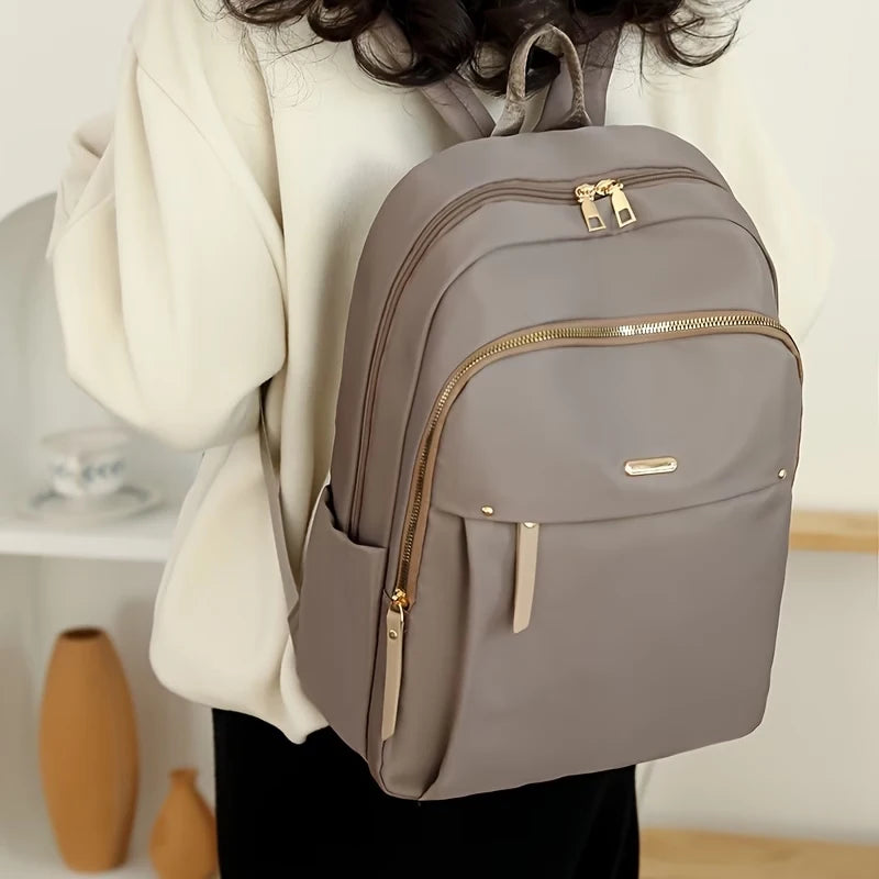 Chic Waterproof Nylon Backpack for Women - Lightweight Multi-Pocket Travel Daypack with Elegant Gold Zipper